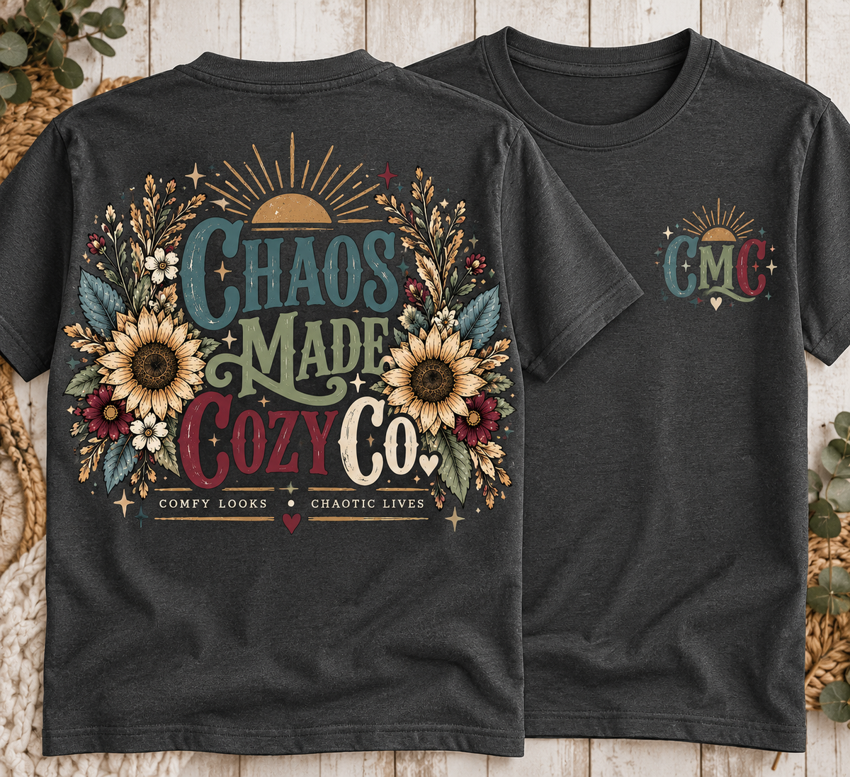 Chaos Made Cozy Co. Vintage Sunflower Logo | Women's Graphic Tee